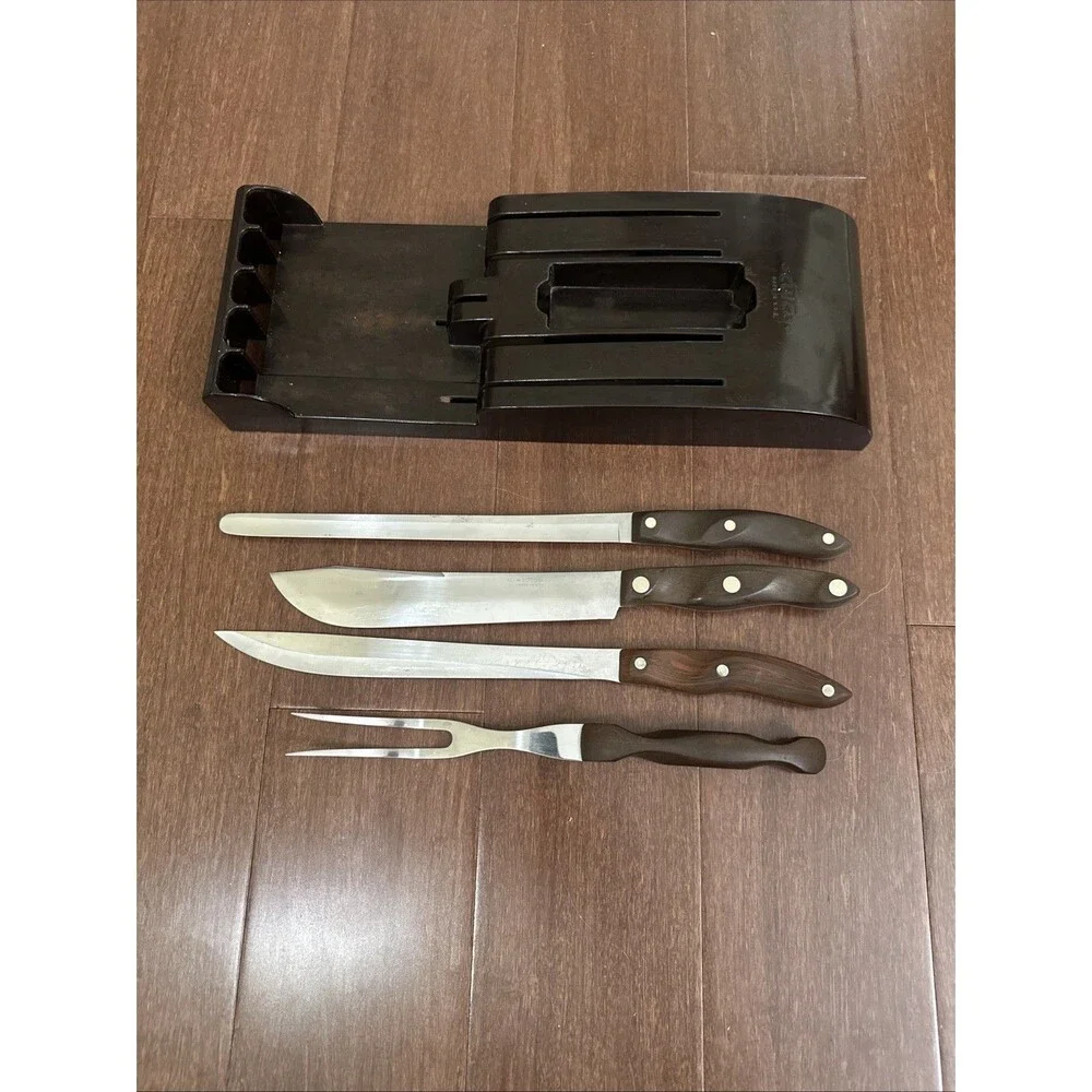 Vtg 4 Pc CUTCO Knife Set 22, 23, 24, 27 Brown Handles With Knife Holder READ